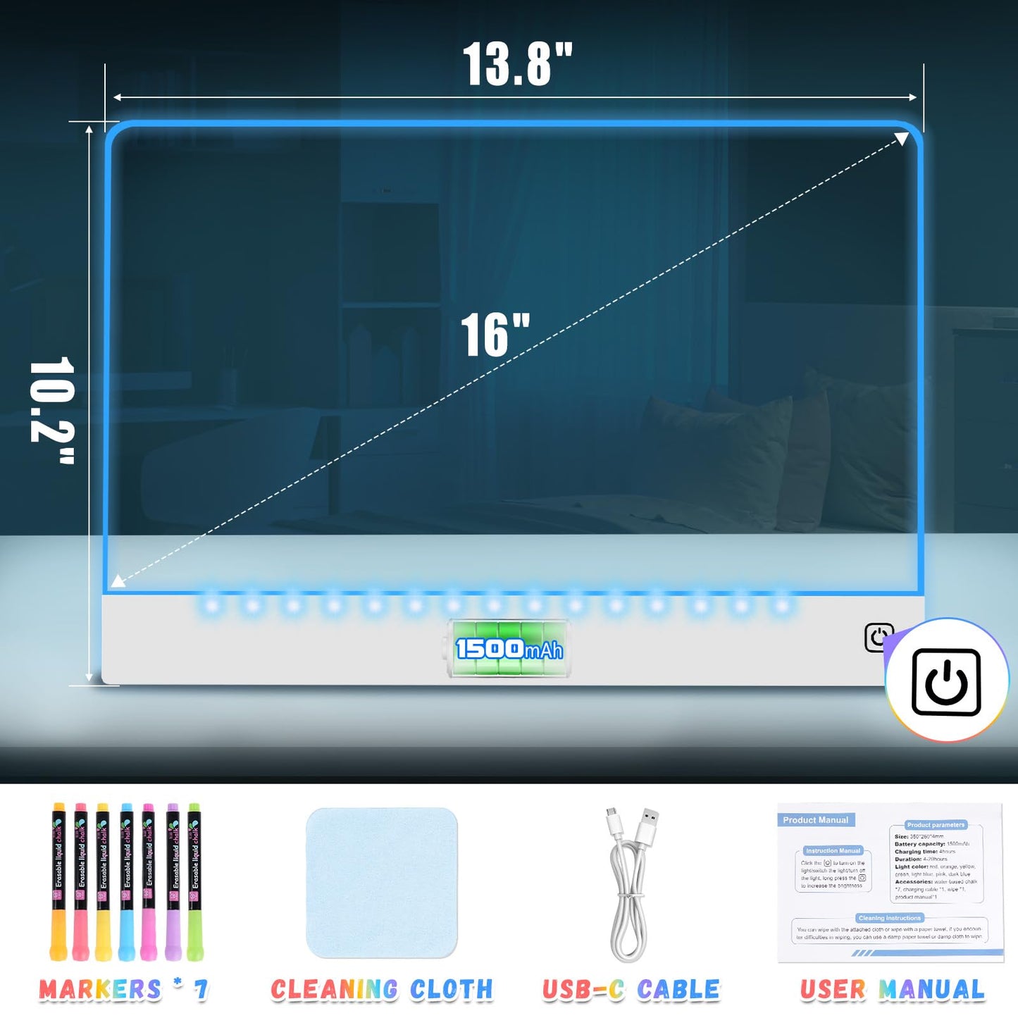 YONHAN 16" LED Drawing Board for Kids, Rechargeable Acrylic Doodle Board, Multi-color with Stand, Perfect Christmas & Birthday Gift