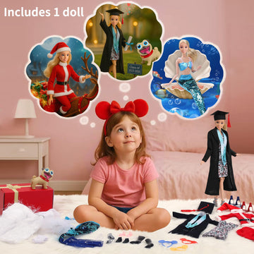 11.5-Inch Themed Doll Clothes & Accessories - Educational Role Play Gift Set for Girls with 1 Doll, 5 Outfits (Santa, Wedding, G
