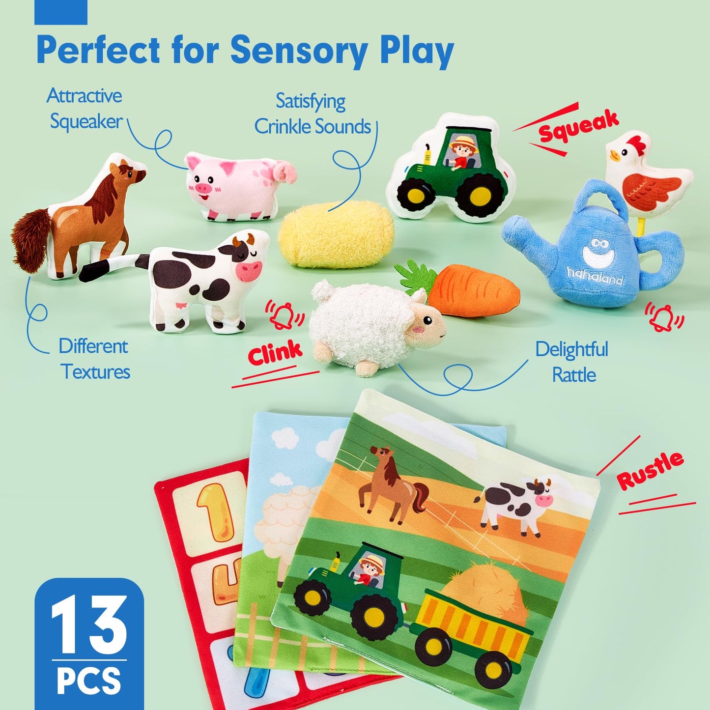 Hahaland Baby Toys 6-12 Months - 13 Pcs Whats Inside Box Surprise Developmental Toy With Stuffed Farm Animals, Rattle, Crinkle T