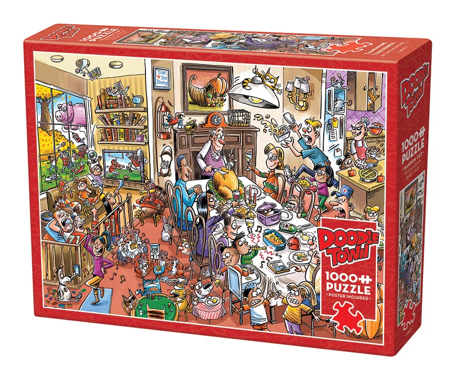Cobble Hill 1000 Piece Puzzle - DoodleTown: Thanksgiving Togetherness - Cardboard, Model 44501, Sample Poster Included