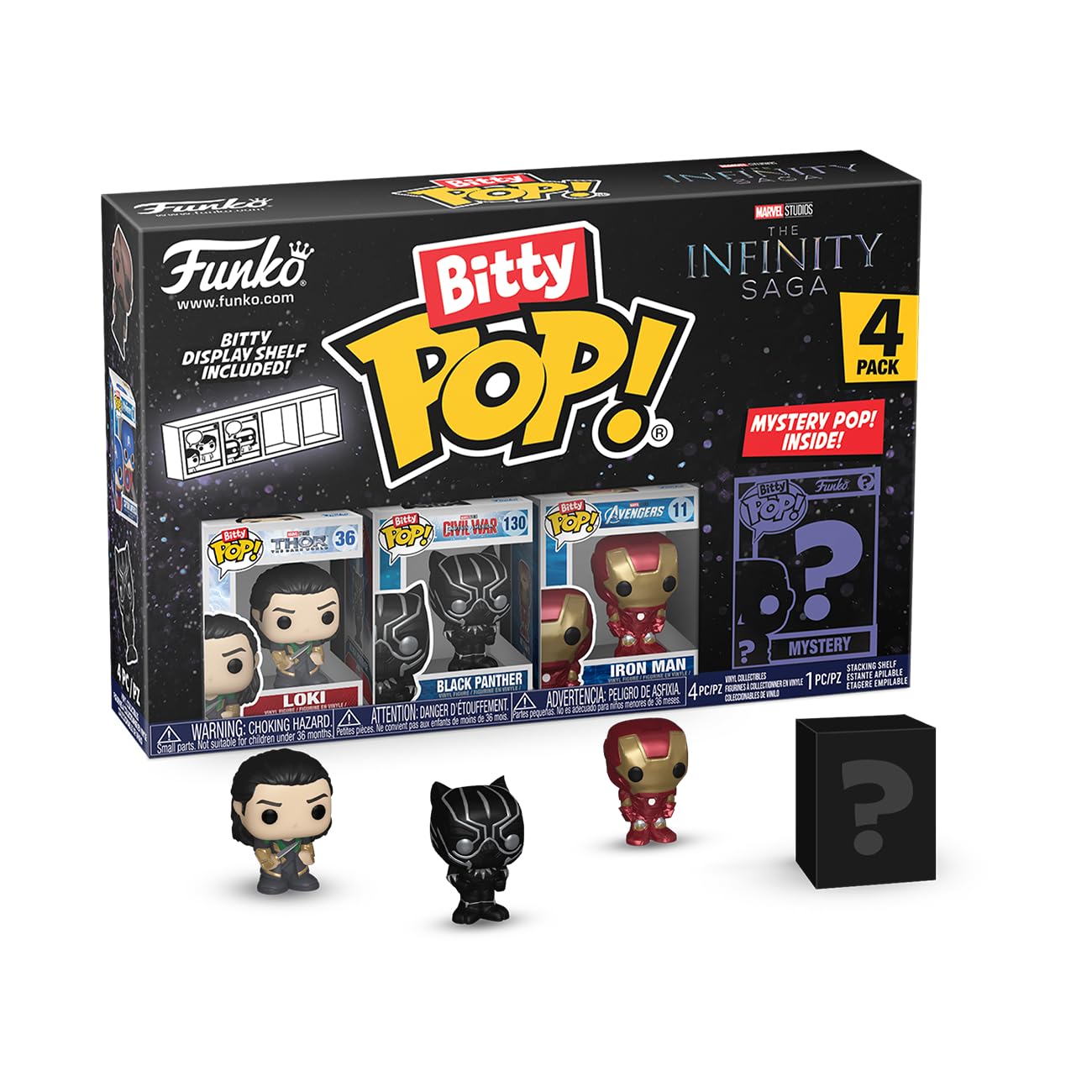 Funko Bitty Pop! Marvel Mini Collectible Toys 4Pack  Loki, Black Panther, Iron Man & Mystery Chase Figure (Styles May Vary)