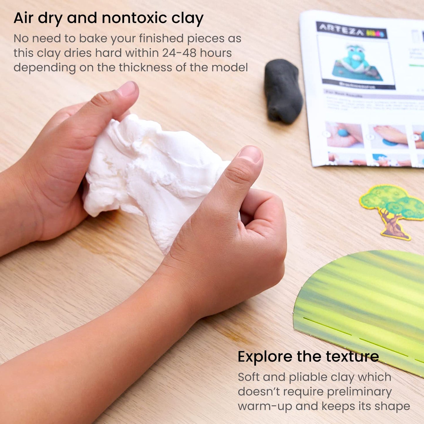 ARTEZA Kids Air Dry Clay, 42 Bars, Dinosaur Modeling Clay Kit, 14 Mini-Stages, 14 Googly Eyes, 3 Glitter Glues, 1 Craft Tool, 7