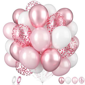 Biapian Pink Balloons, 60 Pcs Pink And White Balloons, 12 Inch Metallic Pink Confetti Balloons Pearl Latex Balloon Helium For Gi