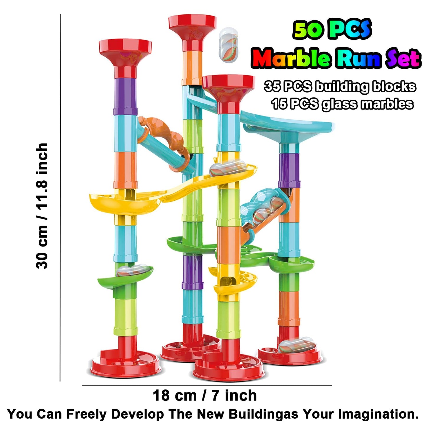 ailixinda 50 PCS Marble Run enhanced Set STEM Educational Building Block Toy Marble Track Race Set with 15 Glass Marbles for Boys & Girls Marble Maze Game Construction Building Blocks Toys for Kids