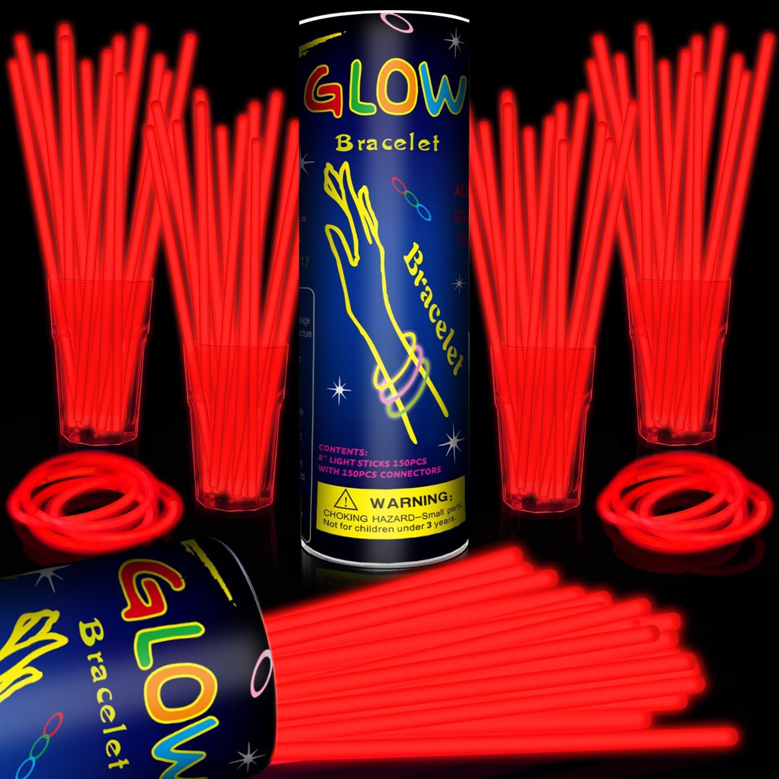 Taikula 200 Pack 8 Glow Sticks Bulk Party Favors Red Light Up Sticks with Connectors Neon Glow in the Dark Party Supplies Brac