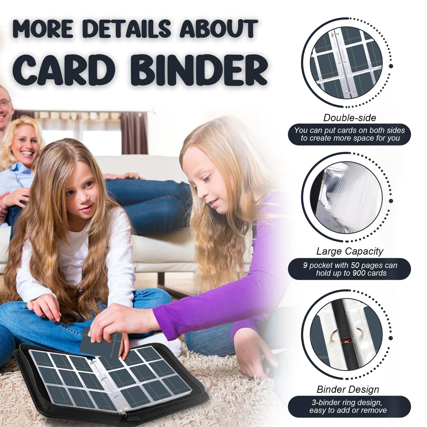 Card Binder 900 Pockets  Trading Card Binder 9-Pocket Card Holder Binder fits 900 Cards with 50 Removable Card Sleeves and Zipper Card Collection Binder for Boys and Girls Organized