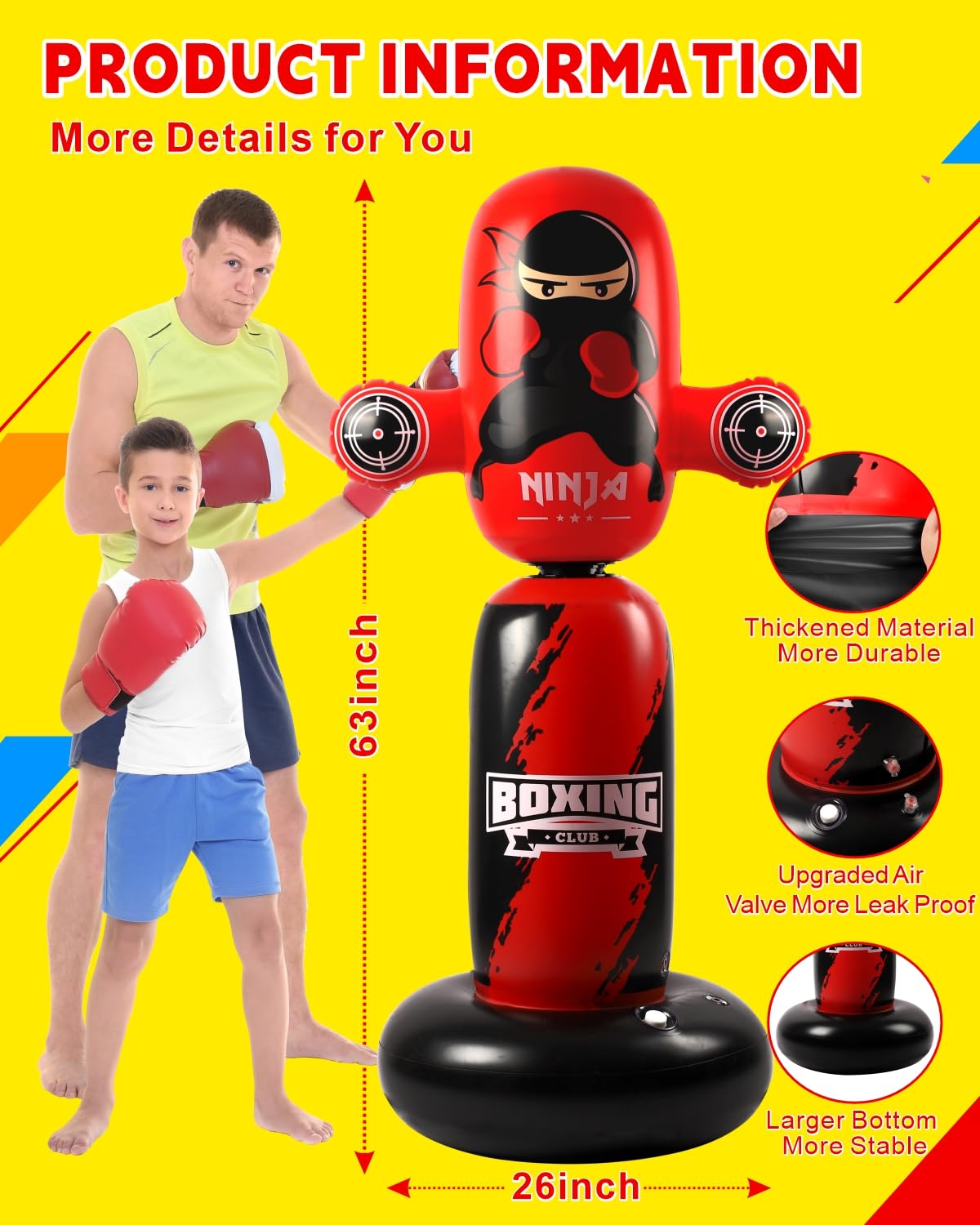 VCOLAN Punching Bag for Kids,63inch Kid Punching Bag,New Upgraded 360Rotating Inflatable Boxing Bag Ninja Toy Christmas Birthday