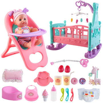 Deao Baby Doll Set With Crib Bed High Chair Stroller Baby Doll Accessories 20 Pieces Play Set Birthday For Girls Boys Kids
