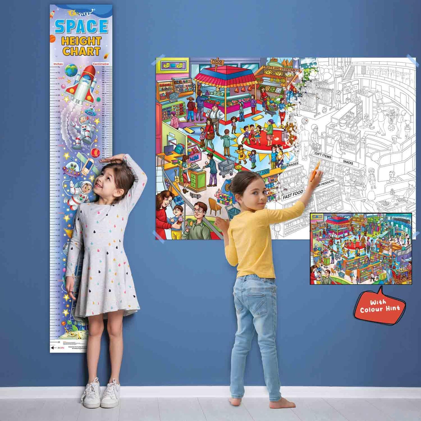 Space Height Chart And Giant At The Mall Colouring Poster|Set Of 1 Chart+1 Colouring Poster | Discover And Create With Height An