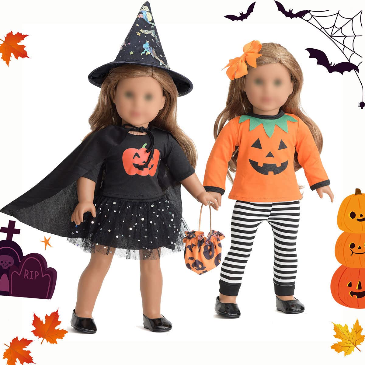 Sweet Dolly 18 Inch Doll Clothes Accessories Halloween Pumpkin Witch Costume Pumpkin Suit Set For 18 Inches Dolls