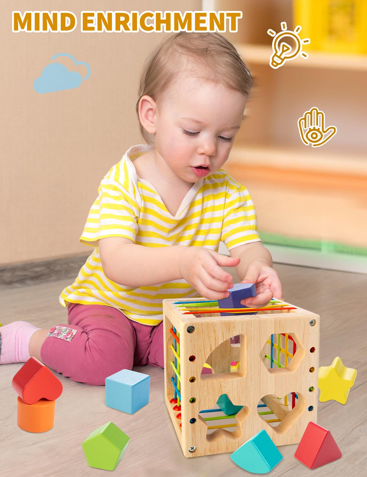 AMAWOOD Montessori Toy for Toddlers, Shape Sorter for Babies, Wooden Shape Sorting Cube with 8 Rattling Blocks Baby Toys, Educat