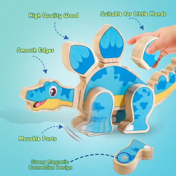 Jugueteland Magnetic Dinosaur Building Blocks, Wooden Dino Snap Blocks, Stem Take Apart Dinosaurs Playset, Montessori Fine Motor