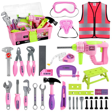Deejoy Tool Set with Tool Box & Electronic Toy Drill, Pretend Play Kids Construction Kits for Kids Ages 3-5 Years Old, Toddler T
