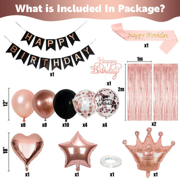 Rose Gold Birthday Decorations For Women Black Rose Gold Balloons Birthday Party Decoration Rosegold Happy Bithday Banner Sash C