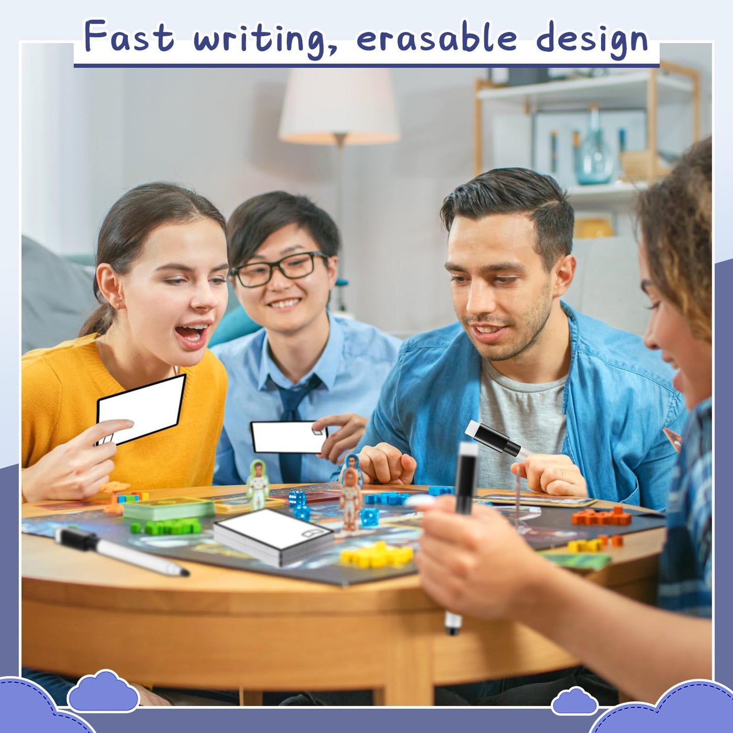 Teling 50 Pcs Multifunctional Tokens Dry Erase Cards Reusable Cards Blank Playing White Flash Erasable Index Bulk With 5 Black Marker Pens For Diy Games, Office, Housework