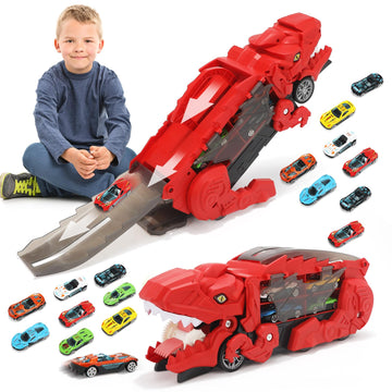 Dinosaur Truck Toy For Boys & Girls Ages 3-7 - Foldable T-Rex Car Transporter With Race Track, Dino Hauler Playset With 8 Die-Ca