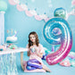 Mermaid Starry Number 9 Balloons, 40 Inch Large Purple Blue Pink Foil Number Balloons Set 0-9 For Girls, Globos De Numero 9 Heli