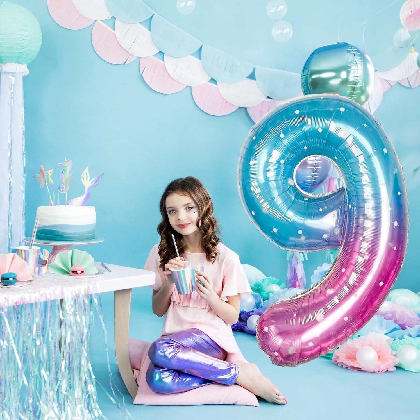 Mermaid Starry Number 9 Balloons, 40 Inch Large Purple Blue Pink Foil Number Balloons Set 0-9 For Girls, Globos De Numero 9 Heli