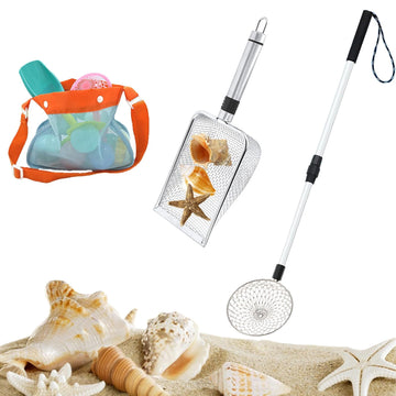 3Pcs Shelling Tools for Beach Include Beach Mesh Shovel, Sand Sifter with Extra Long Adjustable Handle and Mesh Beach Bag, Colle
