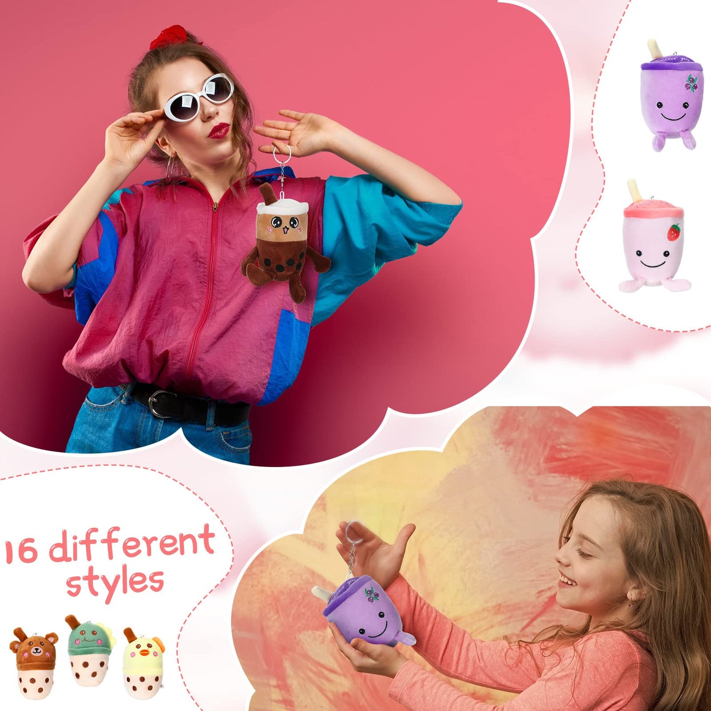 Jerify 16 Pcs Bubble Tea Keychain Plush Bubble Tea Stuffed Animal Milk Tea Bubble Plush Toy For Birthday Party Bubble Lover(Animal)