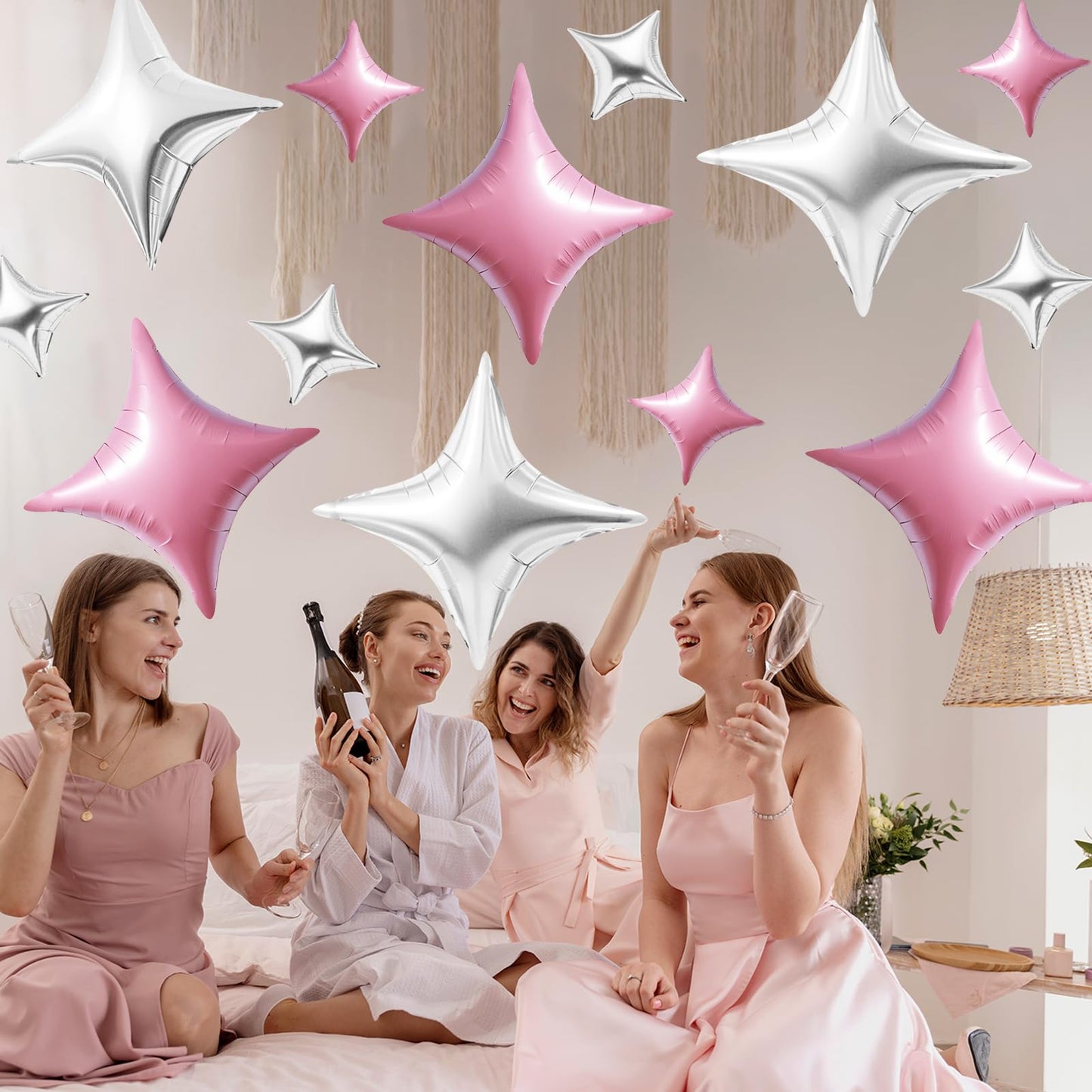 TONIFUL 30Pcs 26In&10In Star Balloons Pink and Silver Four Pointed Star Shape Foil Balloons Mini Star Mylar Balloons for Birthda