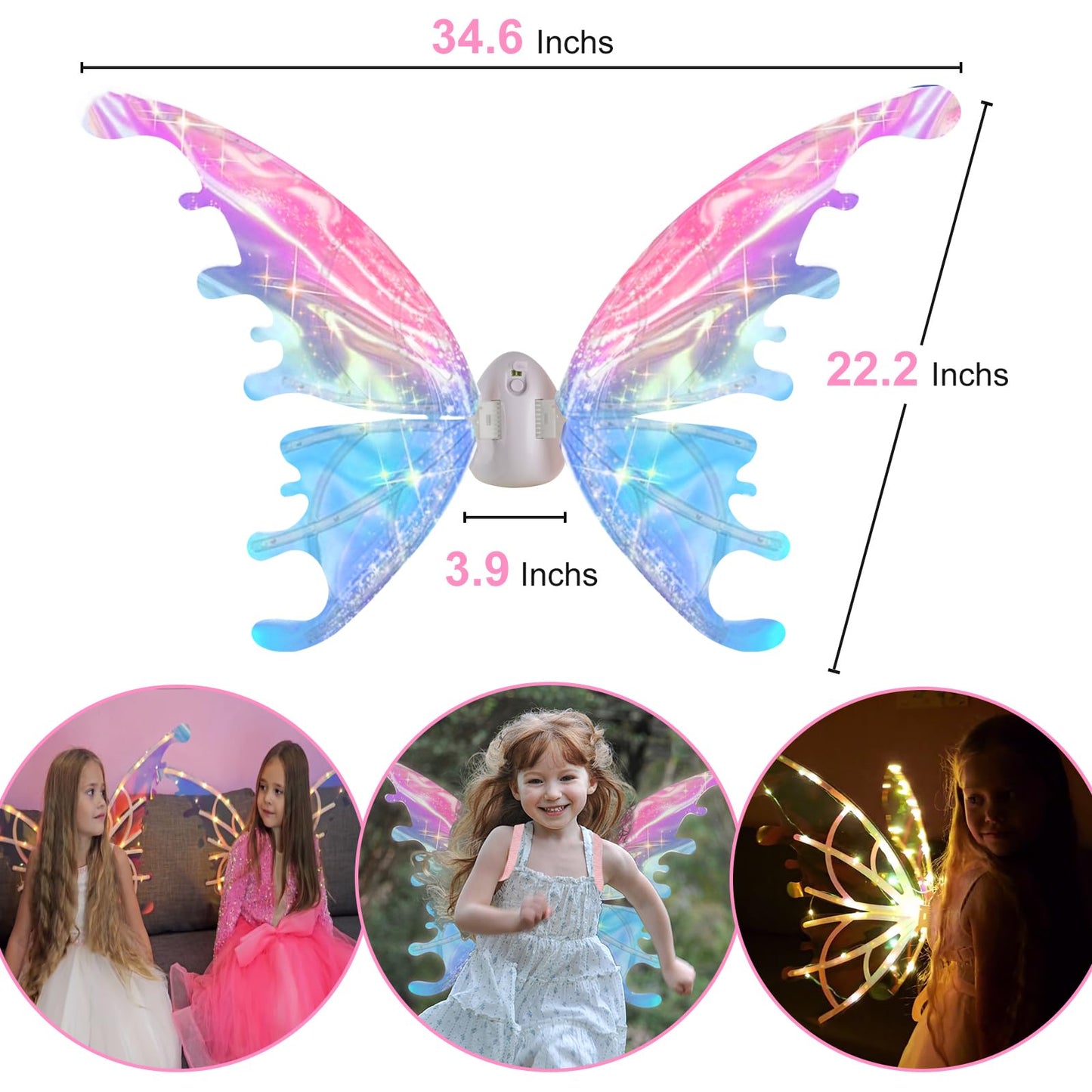 Electric Fairy Wings For Girls, Moving Butterfly Wings With Led Lights And Music, Light Up Fairy Wings For Kids/Dogs For Birthda