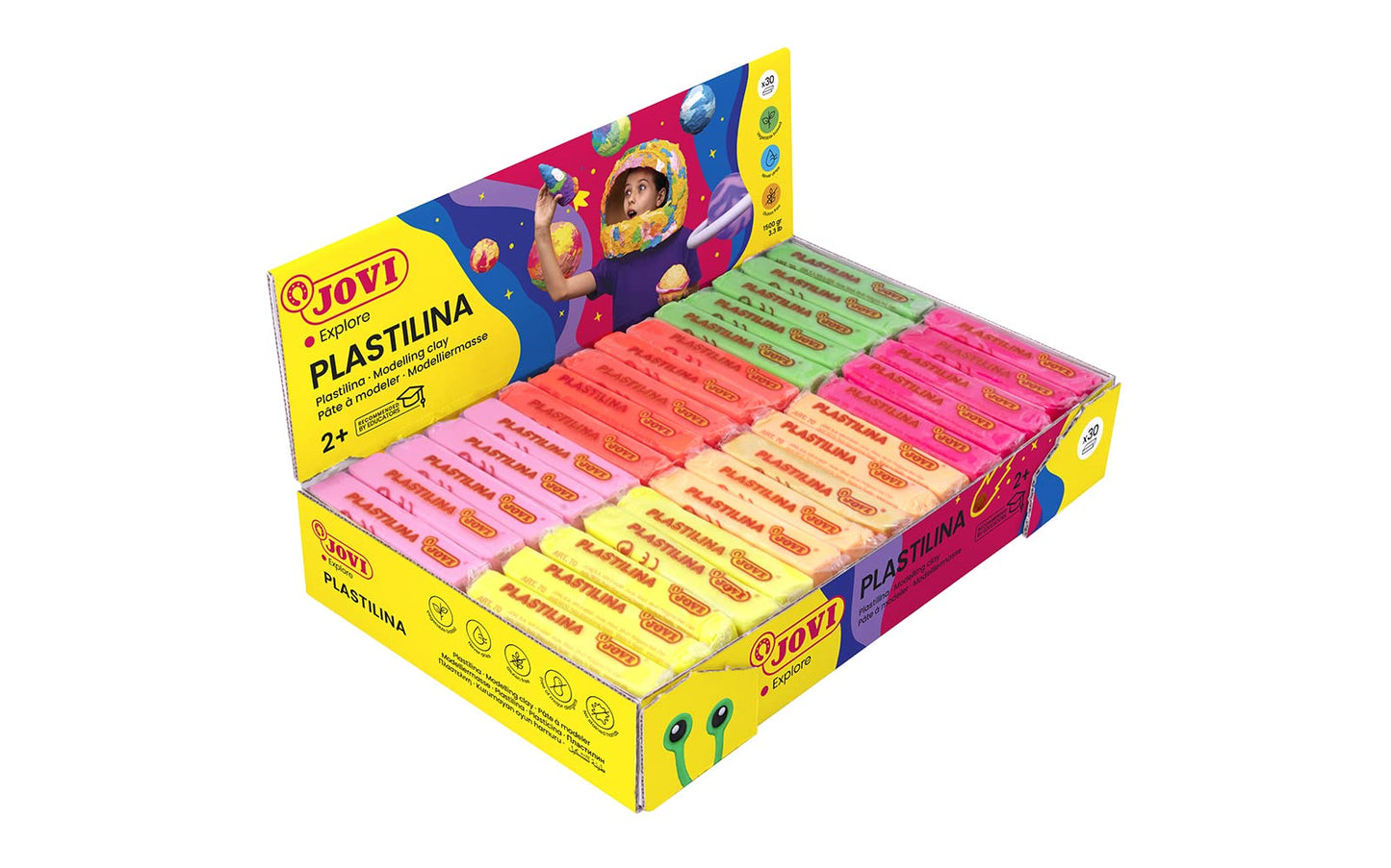 Jovi Plastilina Reusable Neon Non-Drying Modeling Clay; 1.75 Oz. Bars, Set Of 30, 5 Each Of 6 Neon Colors, Perfect For Arts And Crafts Projects