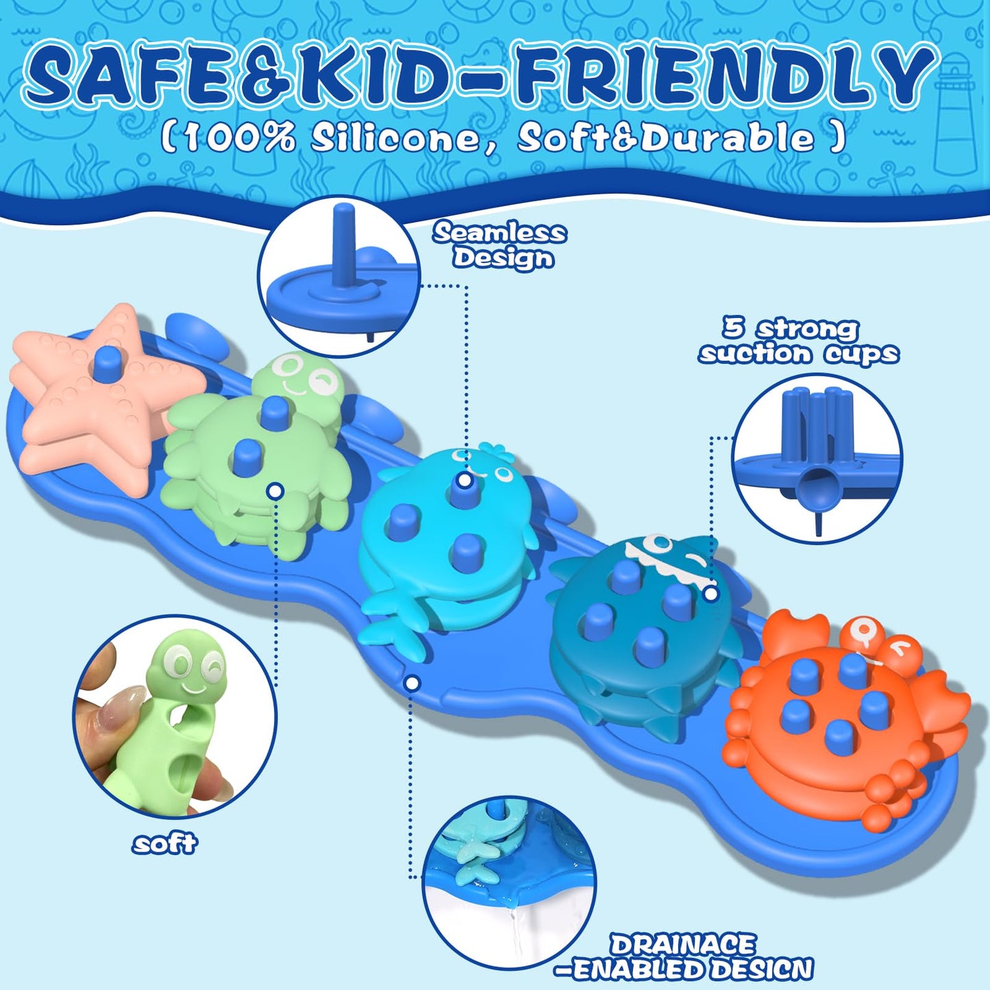 Toddler Bath Toys  enhanced Silicone Mold Free Ocean Animal Shape Sorting & Stacking Baby Bath Toys  No Hole Bathtub Floating Toys Gift for Boys Girls  Early Learning Sensory Water Toys  Bathtime Fun