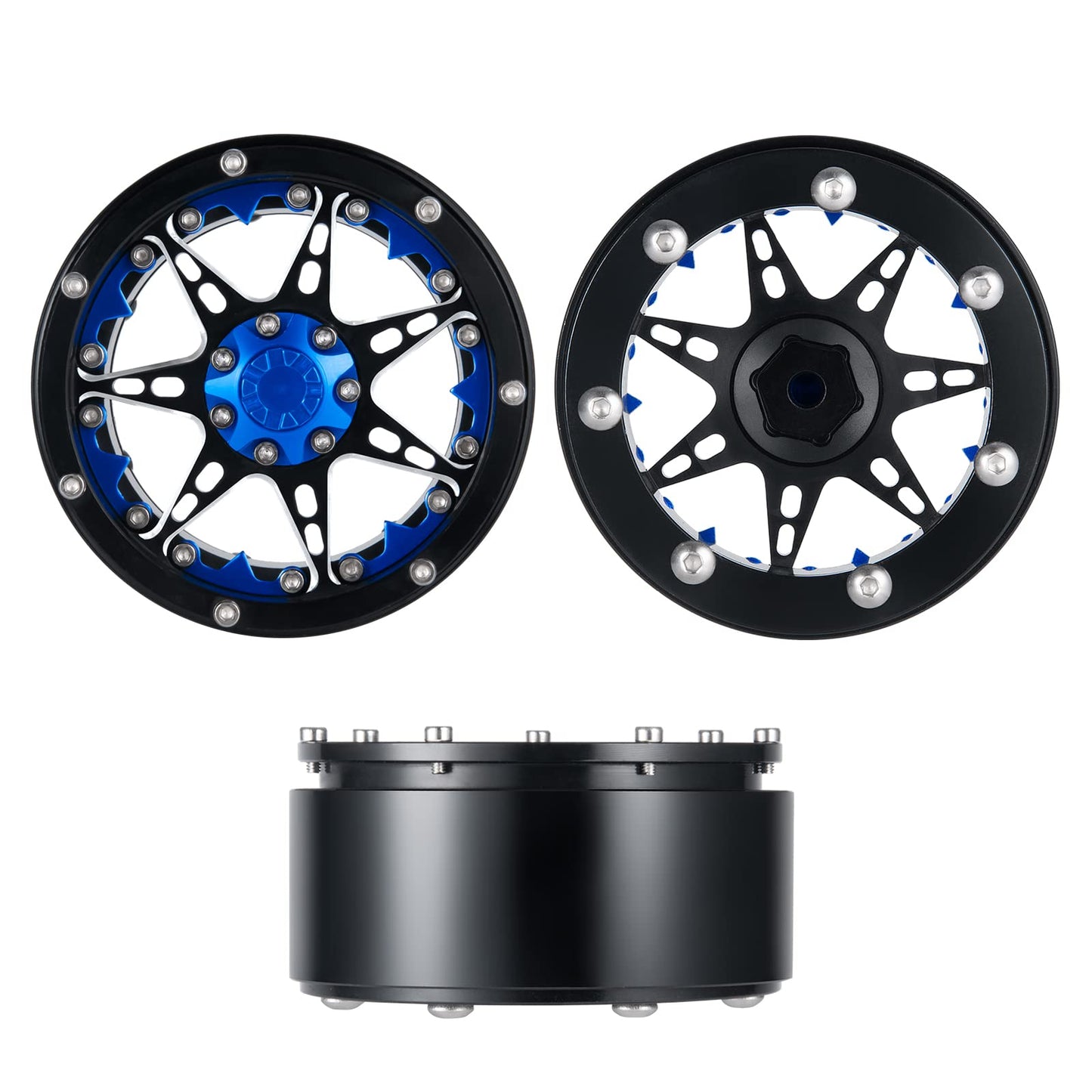 QUE-T 2.2'' Metal Beadlock Wheel Rims Set for RC 1/10 Crawler TRX4 SCX10 90046 Pack of 4 (Blue & Black)