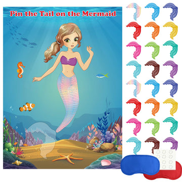 Fepito Mermaid Party Supplies Pin The Tail On The Mermaid Party Game With 24Pcs Tail Stickers For Mermaid Party Favors, Kids Birthday Party