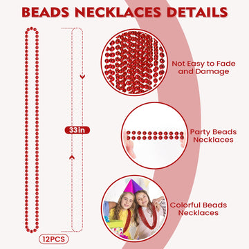 12 PCS Red Mardi Gras Beads, Red Beads Necklaces Christmas Necklaces 33'' Metallic Beaded Costume Necklaces Party Necklaces for