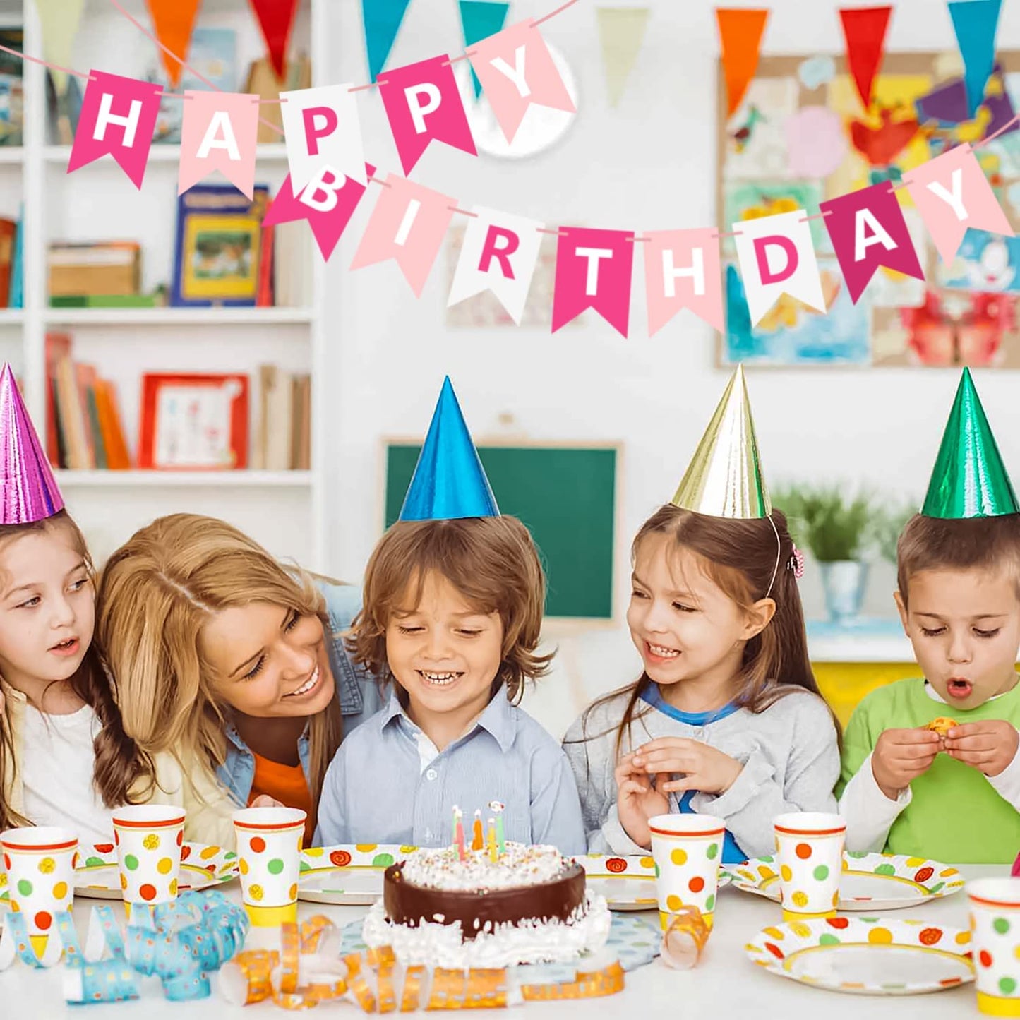 Waenerec Pink Happy Birthday Banner Sign Happy Birthday Bunting Banner Garland For Kids Girls Baby 1St Birthday Tea Party Decorations Bunting Flag Birthday Party Supplies