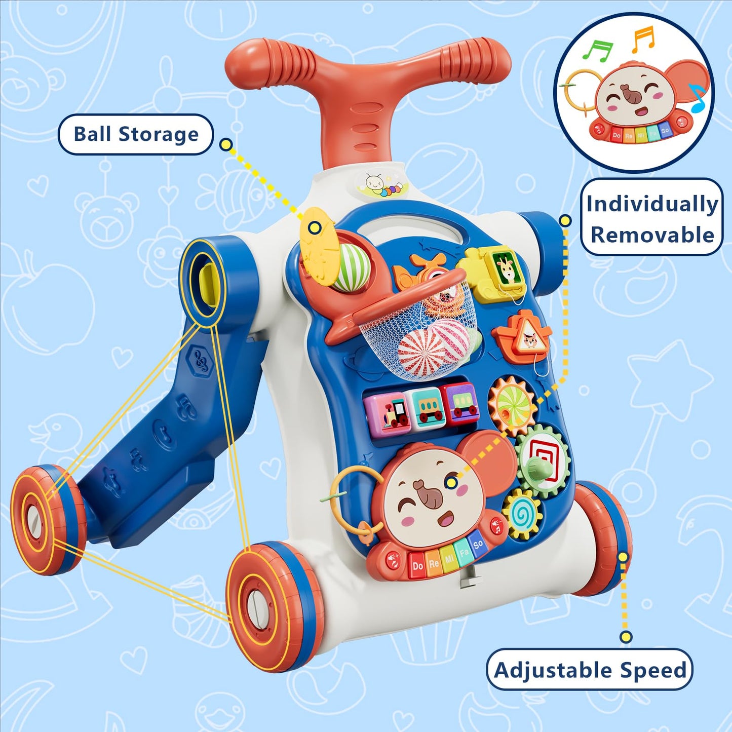 Qdragon 5 In 1 Push Walkers For Baby Boys, Toddler Learning To Walk, Sit To Stand Walker, Early Learning Push Toy For Infant 12+ Months, Navy Blue