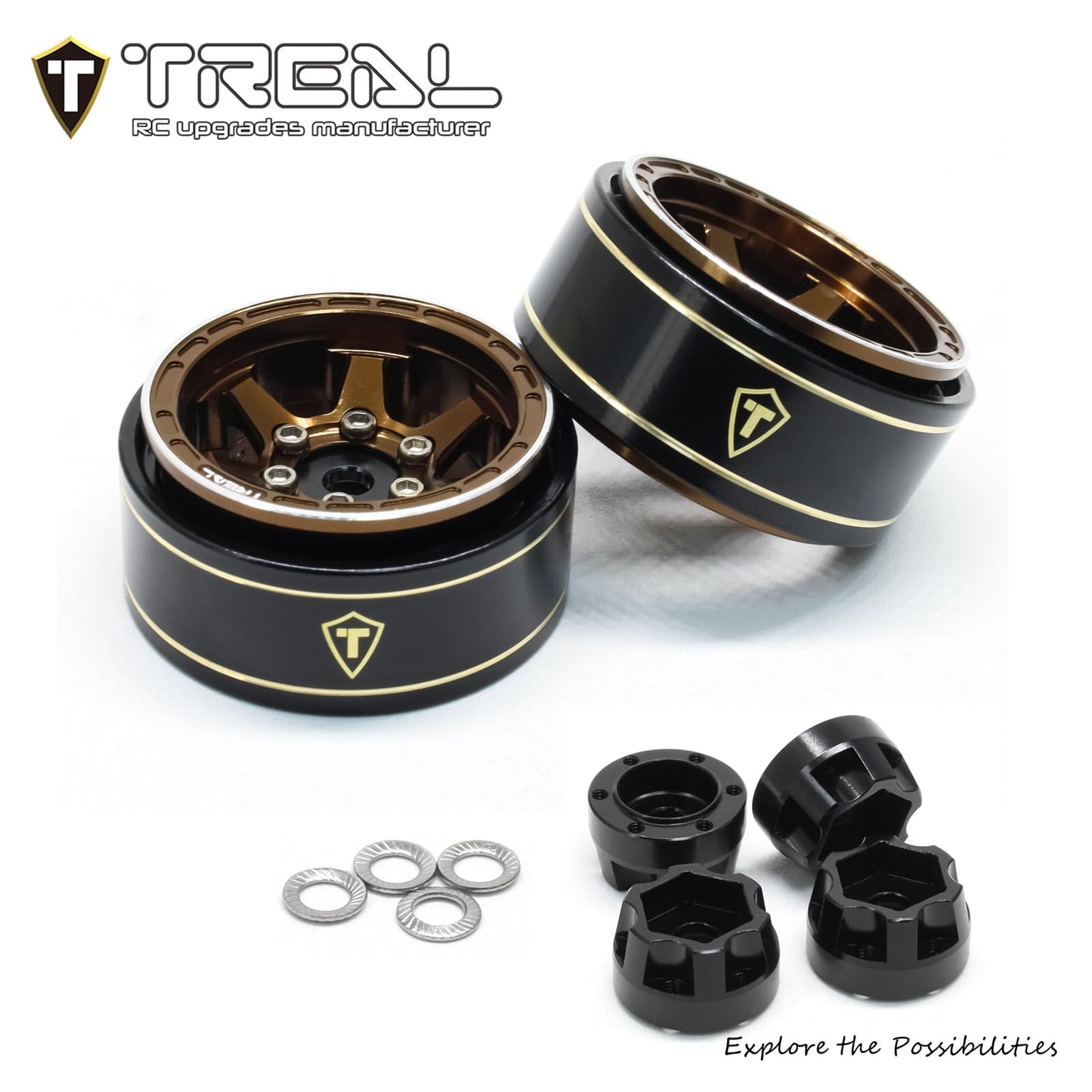 TREAL SCX24 Wheels 1.0 Beadlock Wheels (4P) Scale-Look Concave Six Spoke Rim Crawler Wheels for Axial SCX24 -Type D (Bronze)