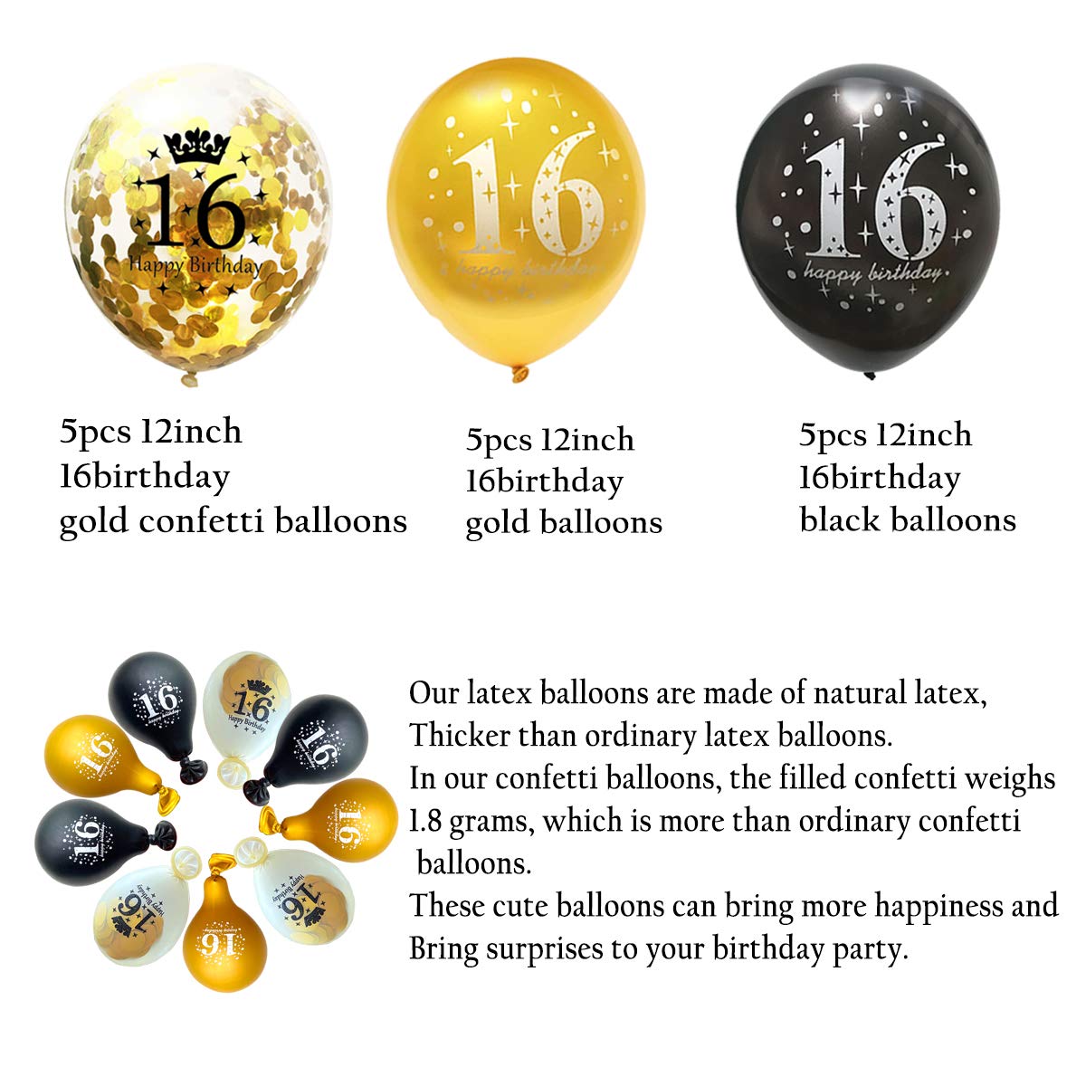 Jonhamwelbor Sweet 16Th Birthday Balloons Gold And Black Party Decorations 15 Pack 12 Inch Latex And Confetti Balloon Printed Wi