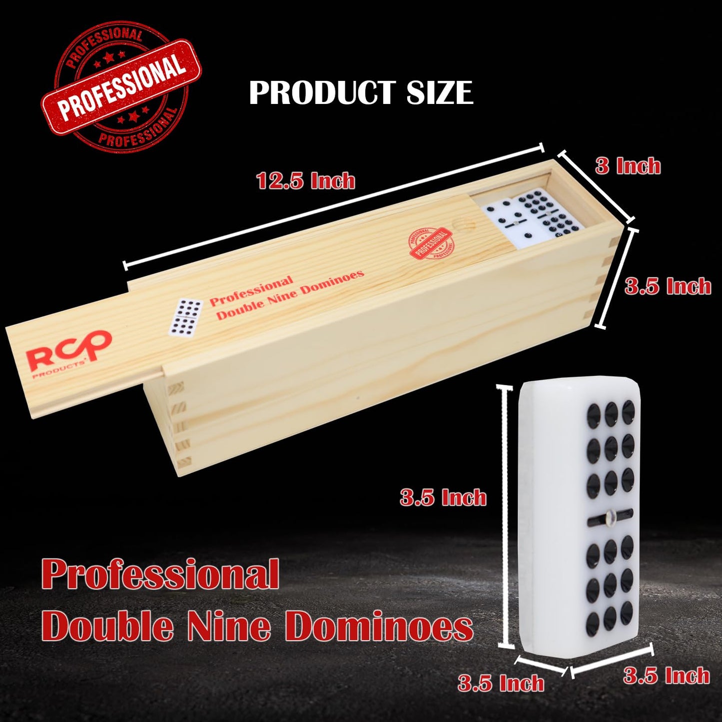 RCP PRODUCTS Double 9 Dominoes Set - 55 Tiles, Acrylic, Medium, Silver, Includes Metal Spinner and Wood Case, Perfect for Adults