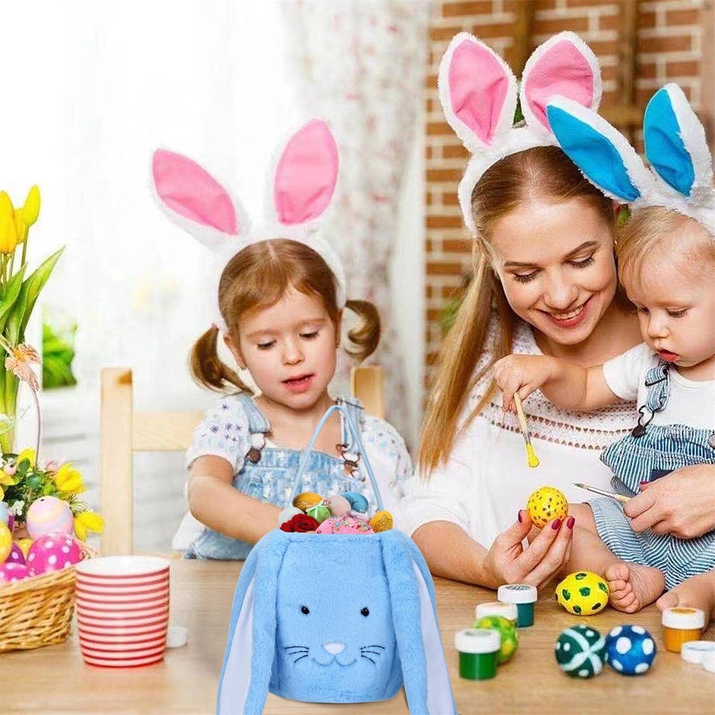Xinblueco Plush Easter Bunny Basket Easter Buckets With Long Plush Ear Personalized Egg Hunting Easter Bags,Bunny Easter Tote Ba