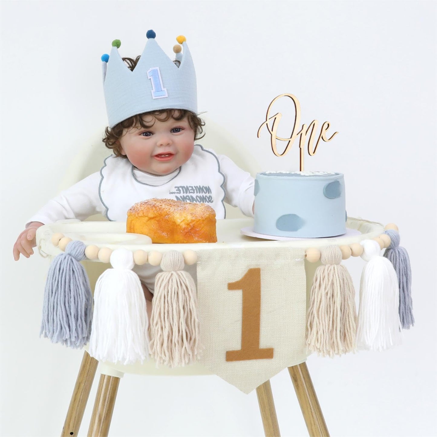 HODIHIWI Baby Boy First Birthday Party Decorations Blue White High Chair Banner 1st Crown Hat Cake Topper