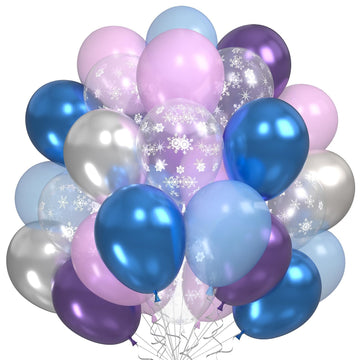 Blue Purple Silver Balloons, 60Pcs Frozen Balloons Metallic Purple Blue Silver Balloons With Pearl Blue Purple Snowflake Print P