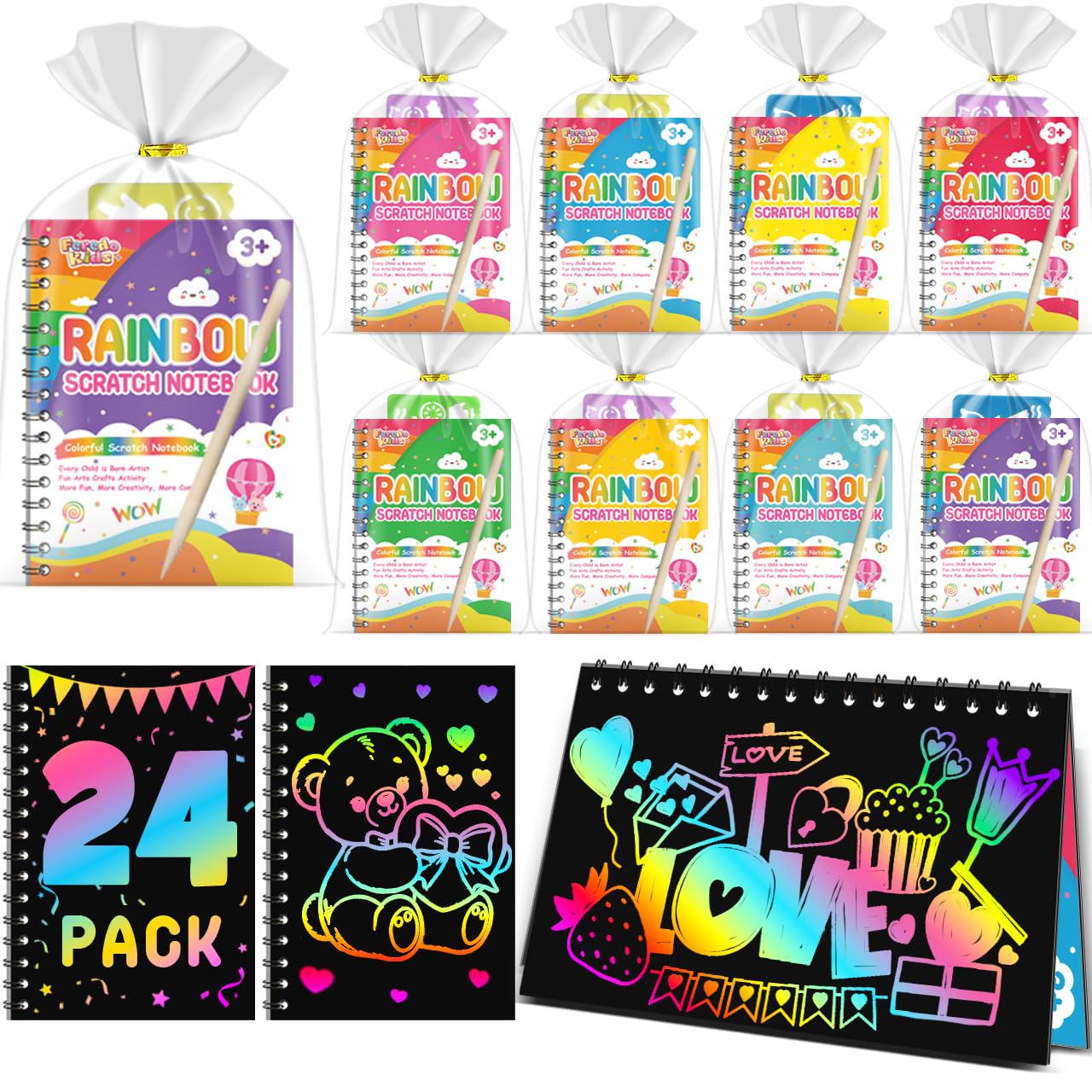 Scratch Art Party Favors for Kids: 24 Pack Rainbow Scratch Notebook Bulk Kids Craft School Supplies for Girls Boys 4-8 Years Old