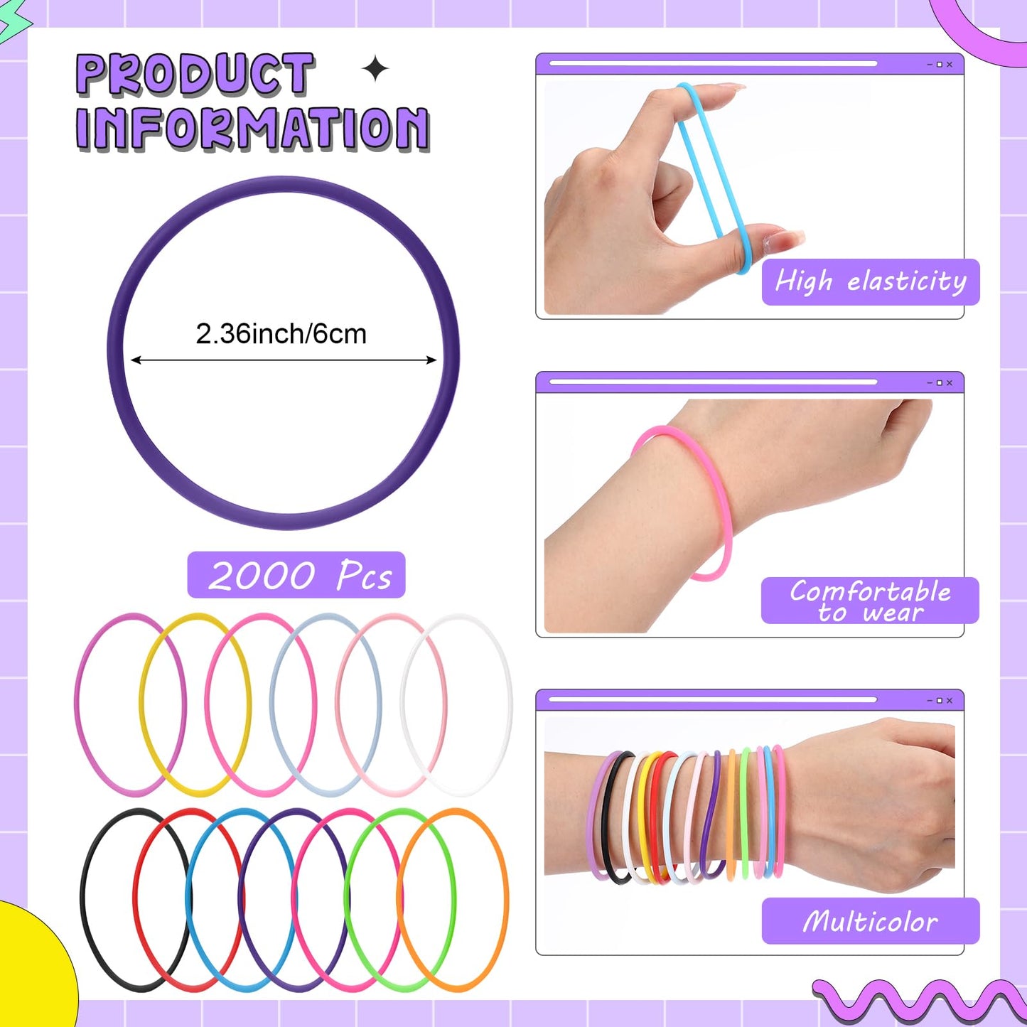 Nuenen 2000 Pcs Colorful Silicone Jelly Bracelets Bulk 80'S Silicone Bracelets Neon Jelly Bracelets Wristband Rainbow Hair Ties