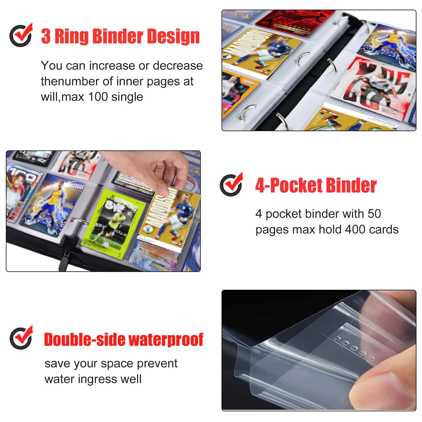 400 Pockets Soccer Card Binder for Soccer Trading Cards 2025-2026 Portable Waterproof Storage Bag with Removable Sleeves for Sports TCG Cards Collectors