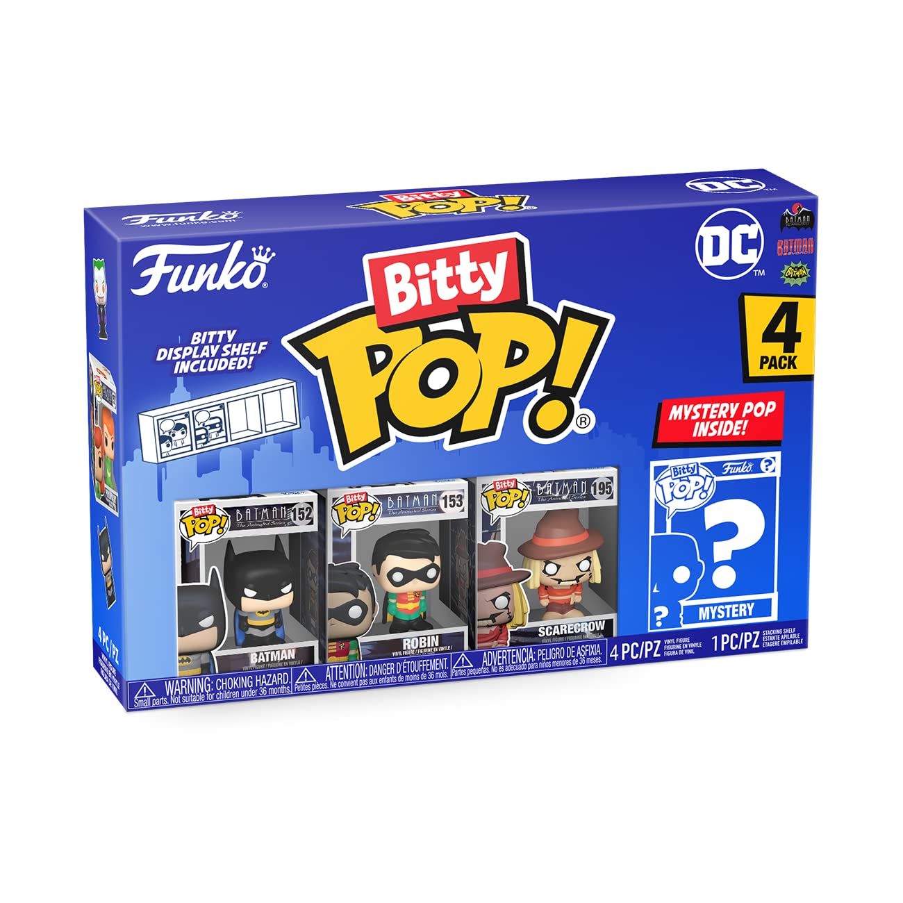 Funko Bitty Pop! Dc - Batman, 4-Pack - Batman, Robin, Scarecrow And A Surprise Mystery Mini Figure - 0.9 Inch (2.2 Cm) - Dc Comics Collectable - Stackable Display Shelf Included - Gift Idea