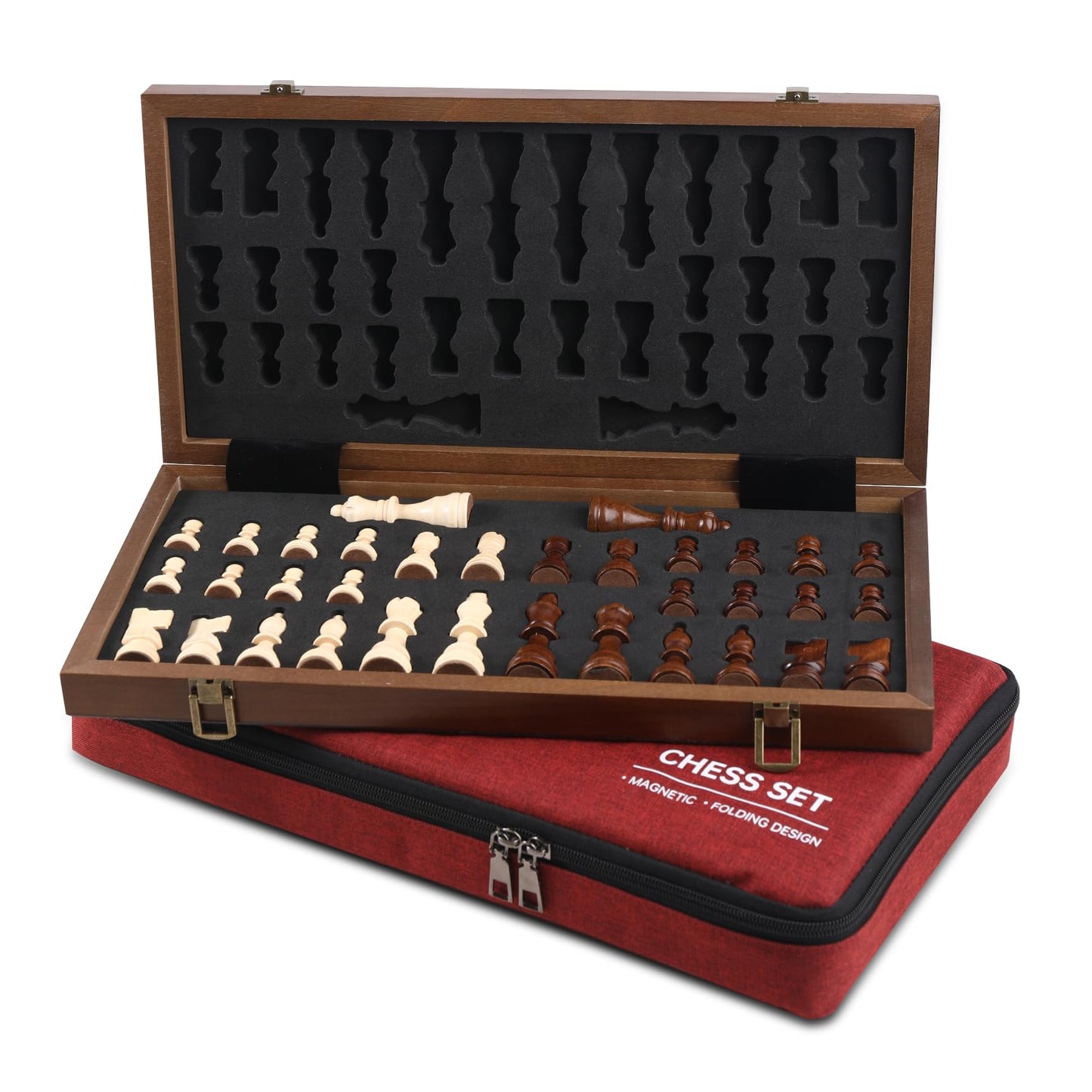 Rinten Magnetic Wooden Chess Set 15'' Folding Chess Board  Portable Travel Chess Set Games with Chessboard Bag  Beginner Chess Set for Tournament Professional Beginner