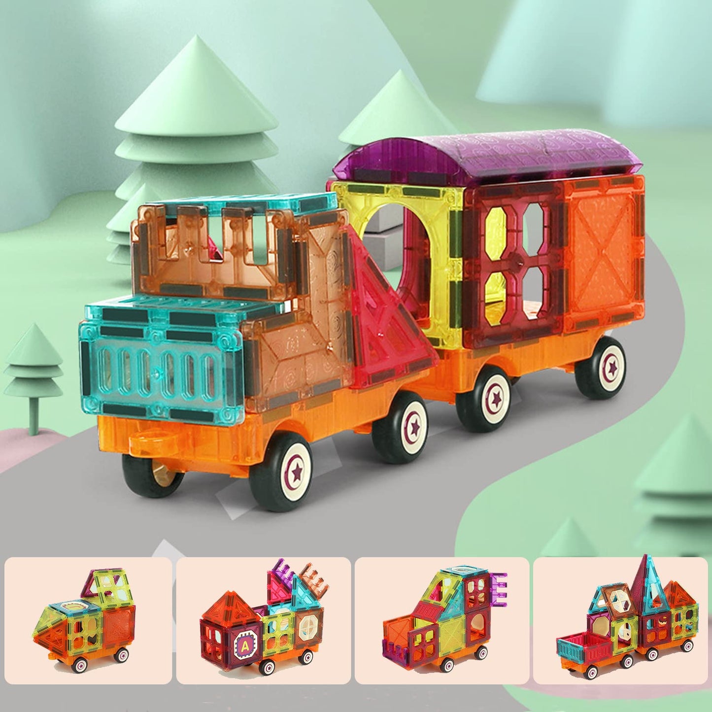 Magnetic Tiles Building Blocks With 4 Cars Magnet Train Set For Kids Construction Stem Toy Preschool Educational Creativity Lear