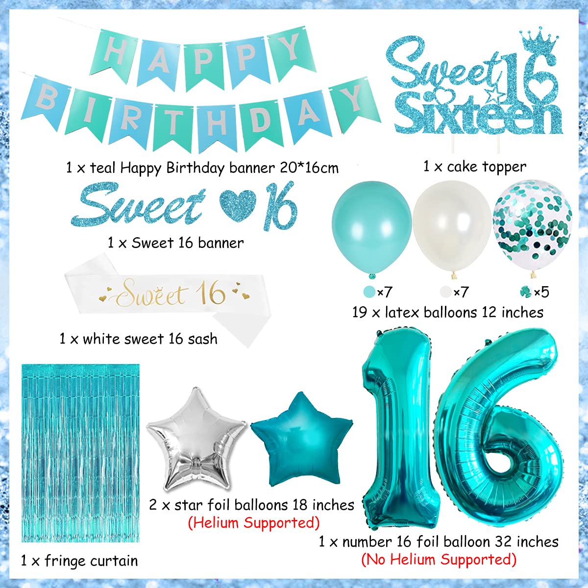 16Th Birthday Decorations For Girl Teal - Sweet 16Th Birthday Party Supplies Happy Birthday Banner Sweet 16Th Sash Cake Topper T