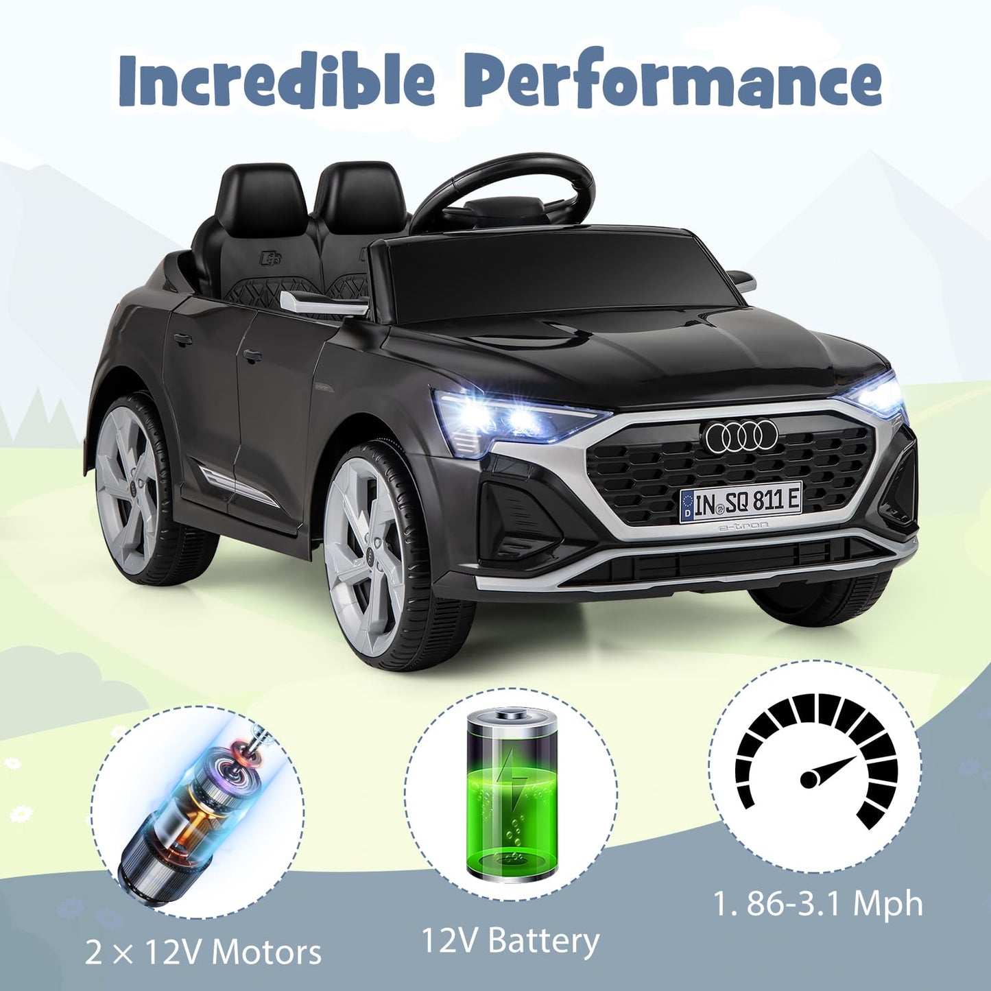 Costzon 12V Kids Ride On Car Licensed Audi Sq8, Remote Control Ride On Toy, Battery Powered Electric Vehicle With Spring Suspension, Music & 3 Speeds, Horn, Led Lights, Gift For Boys Girls 3+ (Black)