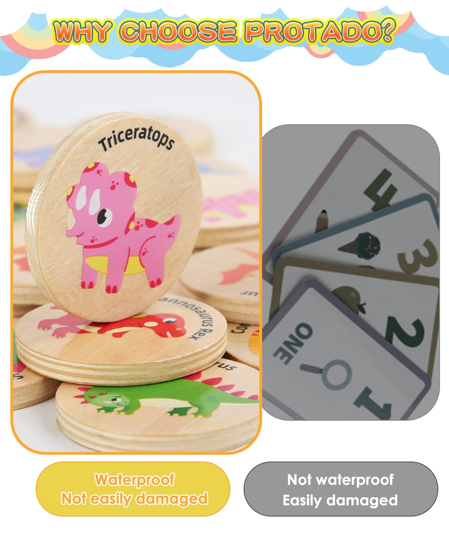 Protado Wooden Match Memory Game For Kids, 24Pc Memory Matching Cards With 5Pc Tattoo Stickers, Educational Memory Matching Game For Pre-Kindergarten Early Learning Development Kids-Dinosaur
