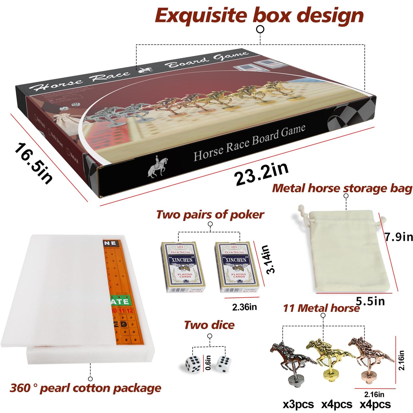 Large 21 Inches Horse Racing Board Game With 11 Luxury Metal Craft Horses Thickened Pine Finish Line Race Game Chessboard Includ