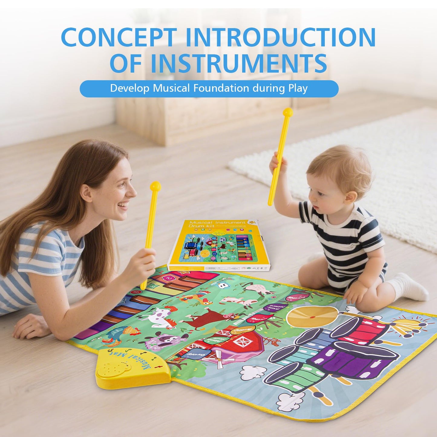 Musical Farm Animals Sounds Piano Mat for Kids, Sensory Educational Learning Toy with Drumset for Toddlers, Interactive Floor To